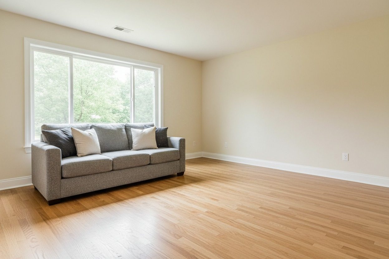 Illustrative example: the same living room dried out and fully restored after water damage restoration