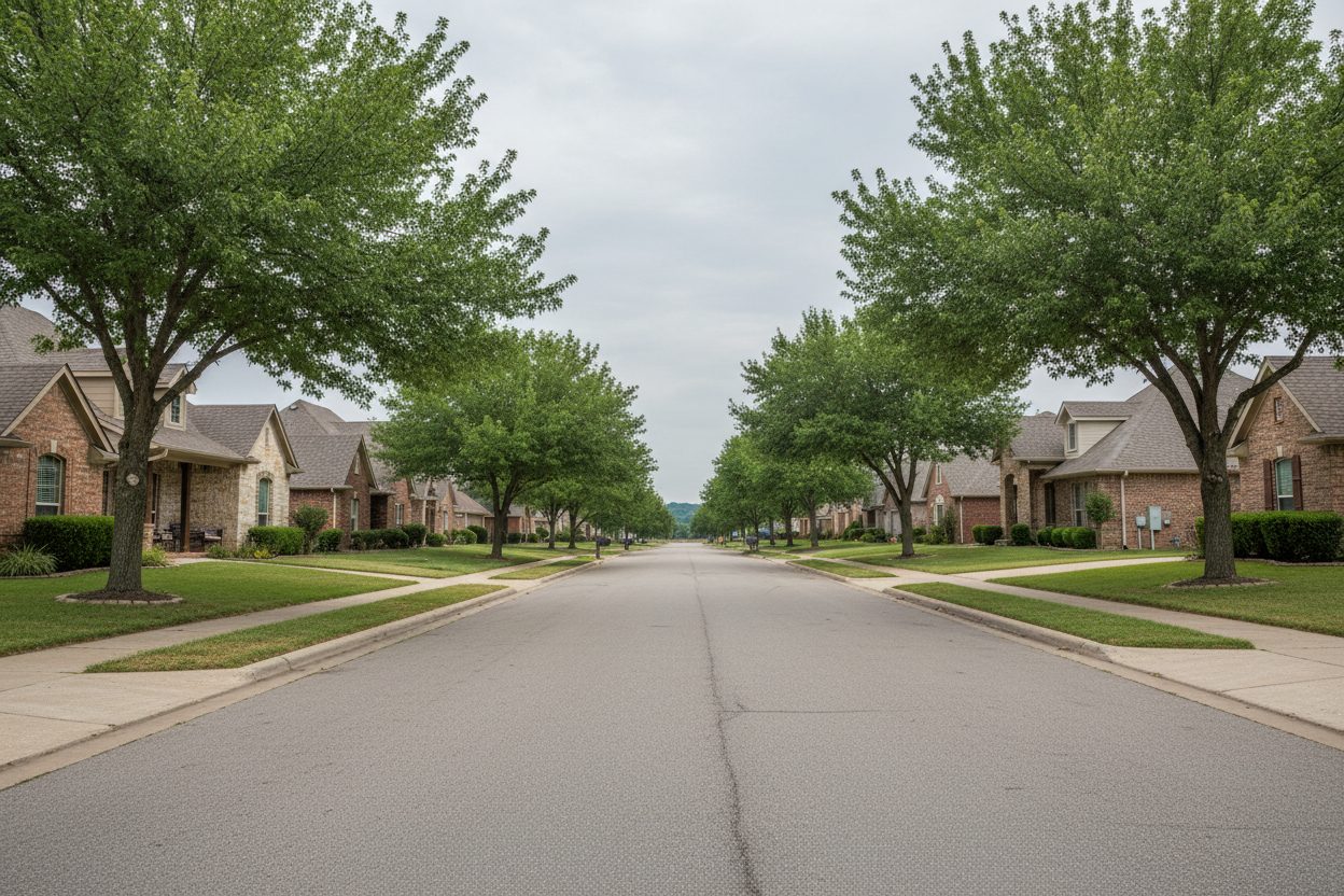 A residential street of homes in Bixby, Oklahoma, near the Arkansas River