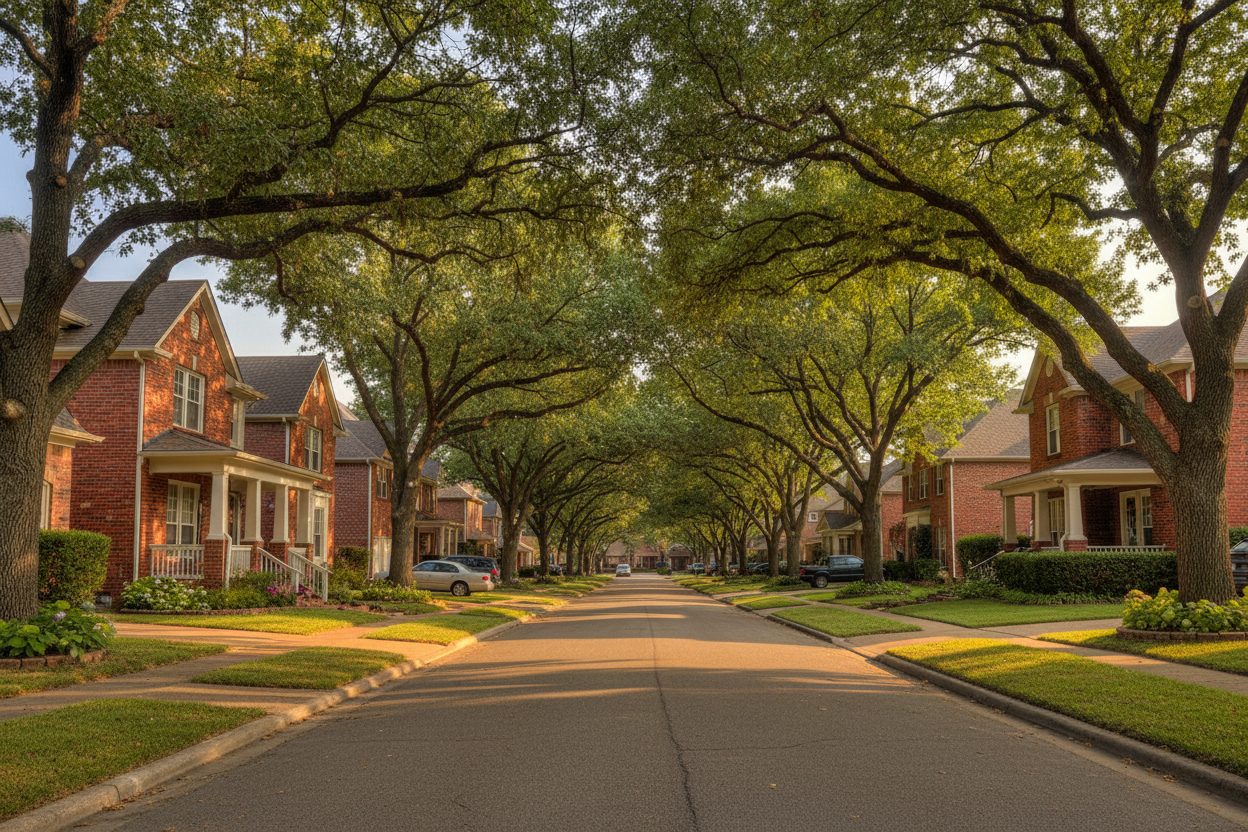 An established neighborhood street of brick homes in Broken Arrow, Oklahoma