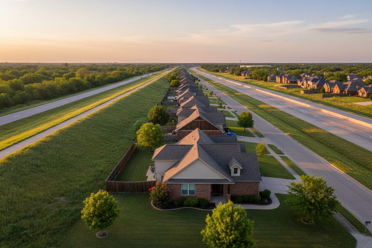 A quiet street of homes in Jenks, Oklahoma, between the river levee and the highway