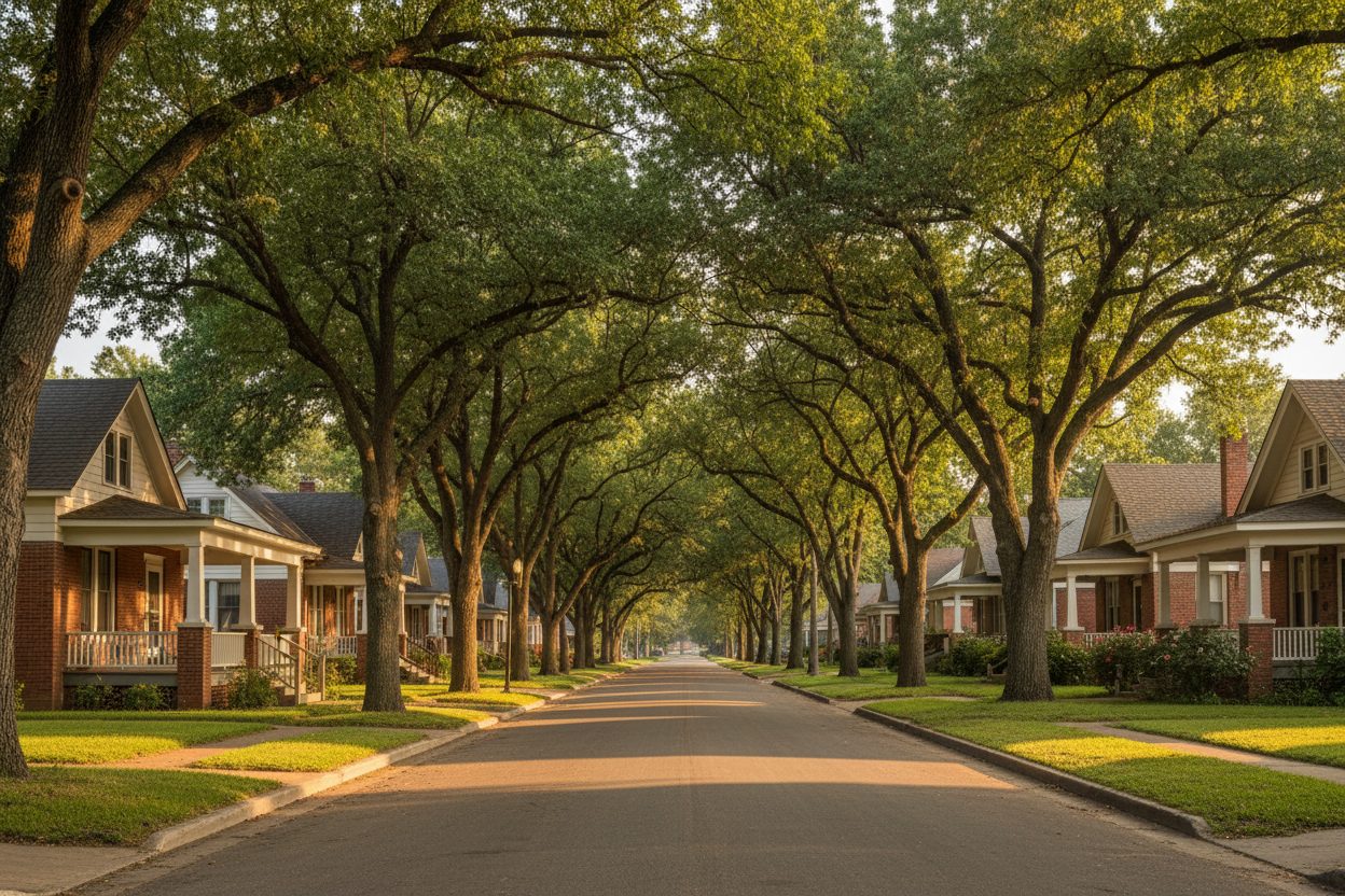 A tree-lined street of early-1900s bungalows in Sapulpa, Oklahoma