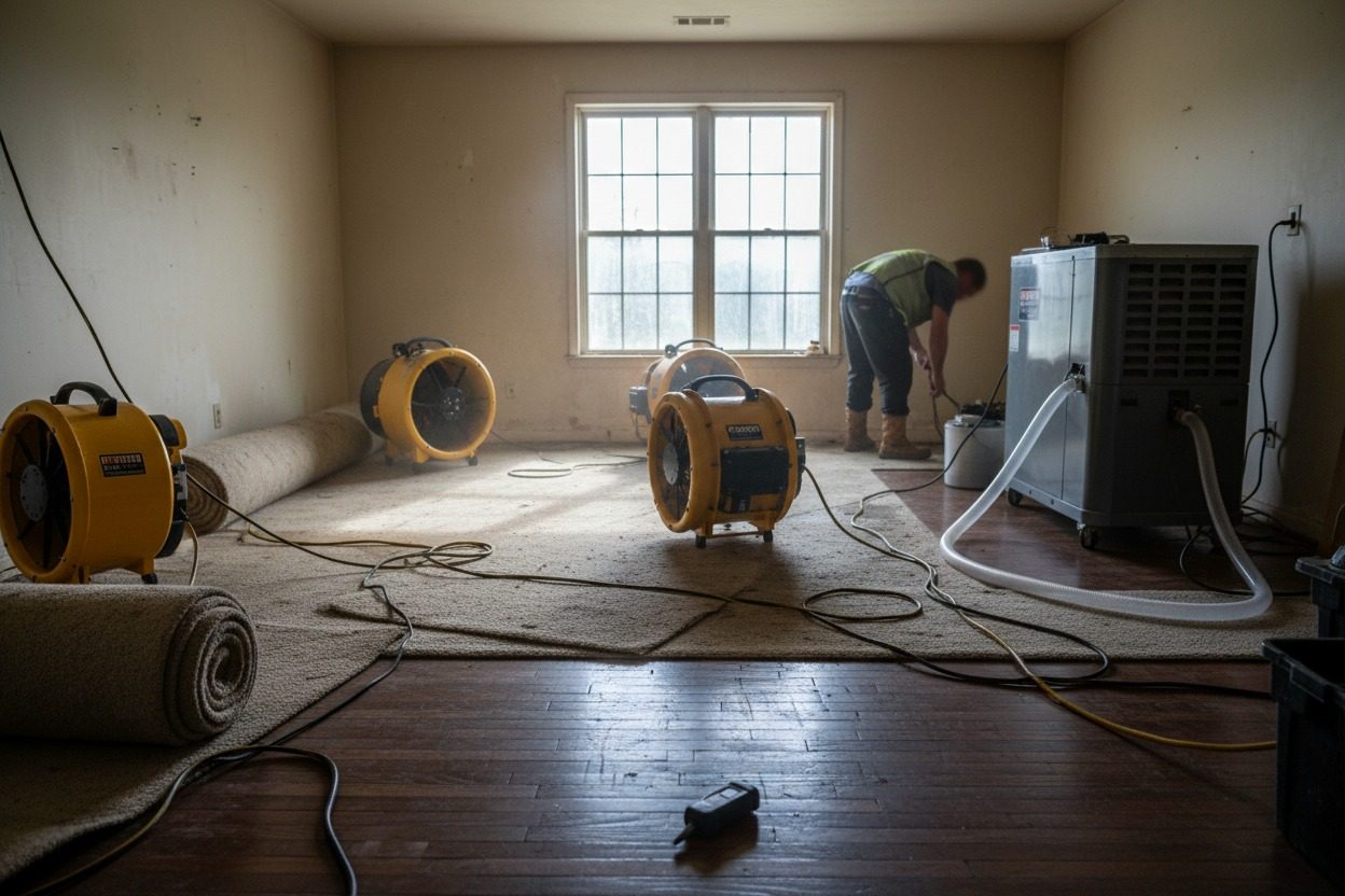 Air movers and a commercial dehumidifier drying out a water-damaged Tulsa room, carpet pulled back