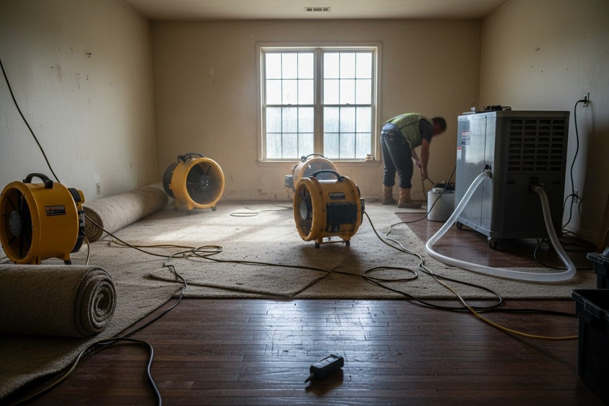 Air movers and a commercial dehumidifier drying out a water-damaged Tulsa room, carpet pulled back
