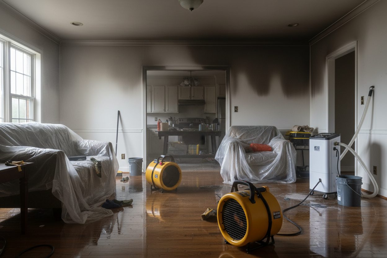 A living room after a small kitchen fire: soot on the walls, suppression water on the floor, air movers and a dehumidifier running