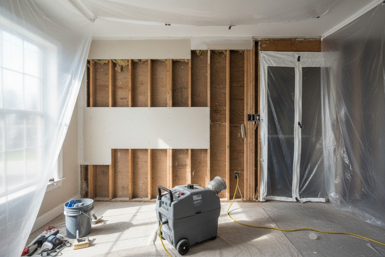 Mold remediation in a Tulsa home: drywall removed to the studs, containment sheeting, and an air scrubber running