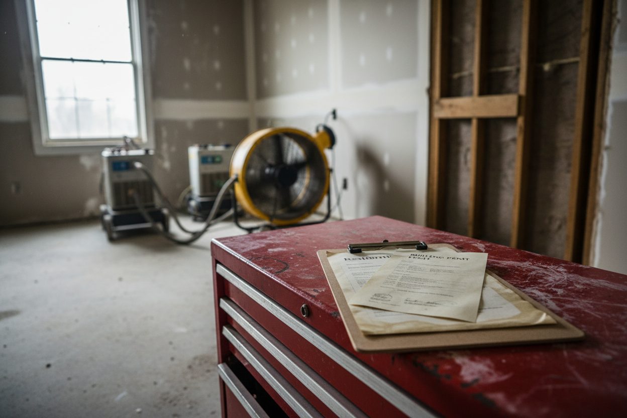 A contractor license and building permit on a toolbox in a water-damaged room, drying equipment behind