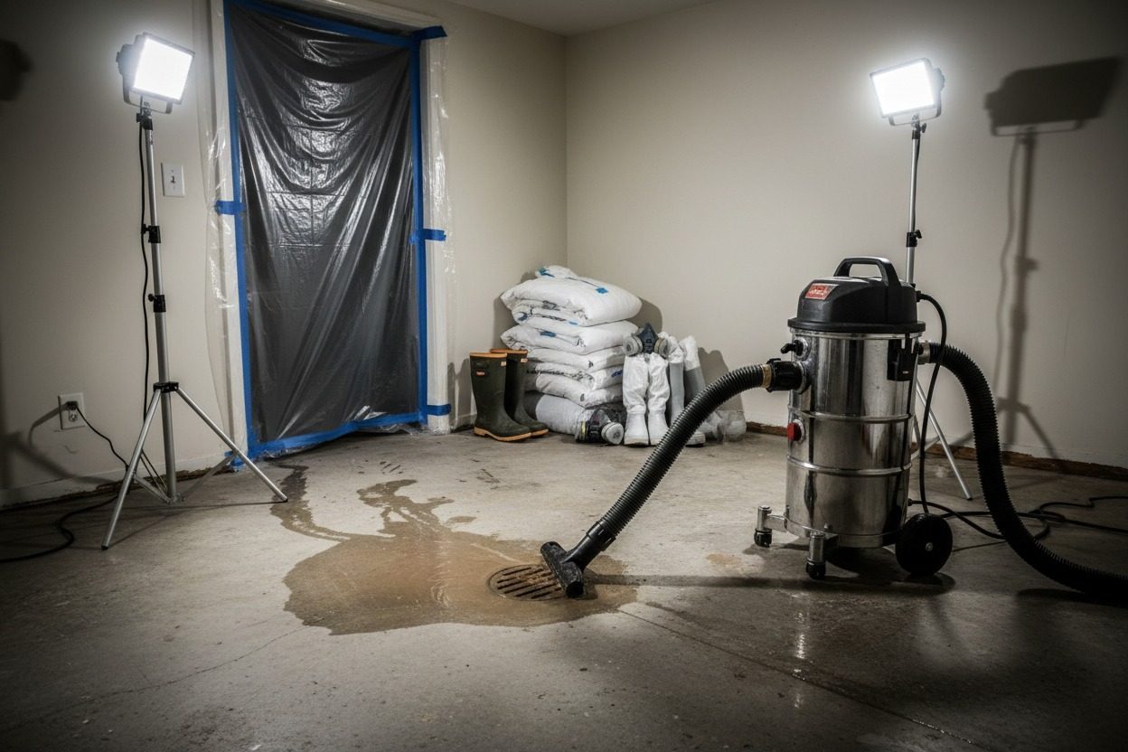 Sewage backup cleanup staged in a Tulsa basement: extraction equipment, containment sheeting, and protective gear by the floor drain